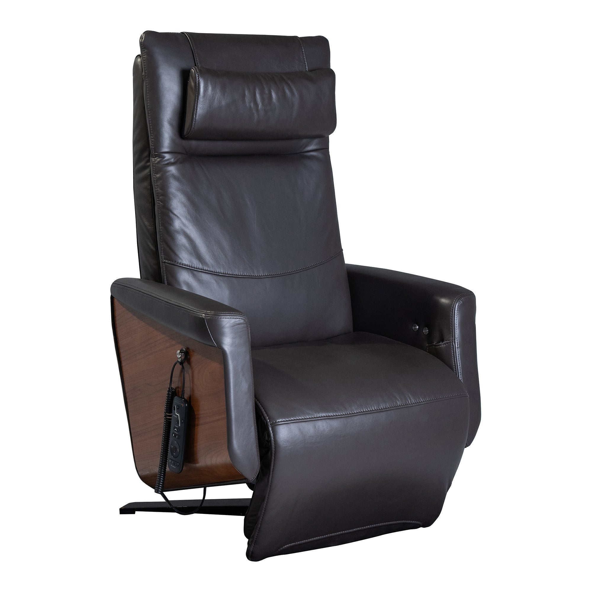 Circa ZG Chair in black leather with wood accent, zero-gravity recliner featuring massage and heat functions