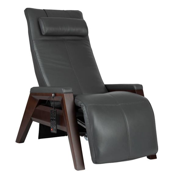 Gravis ZG Chair with gray leather upholstery, zero gravity design, and dark wood base featuring adjustable positioning