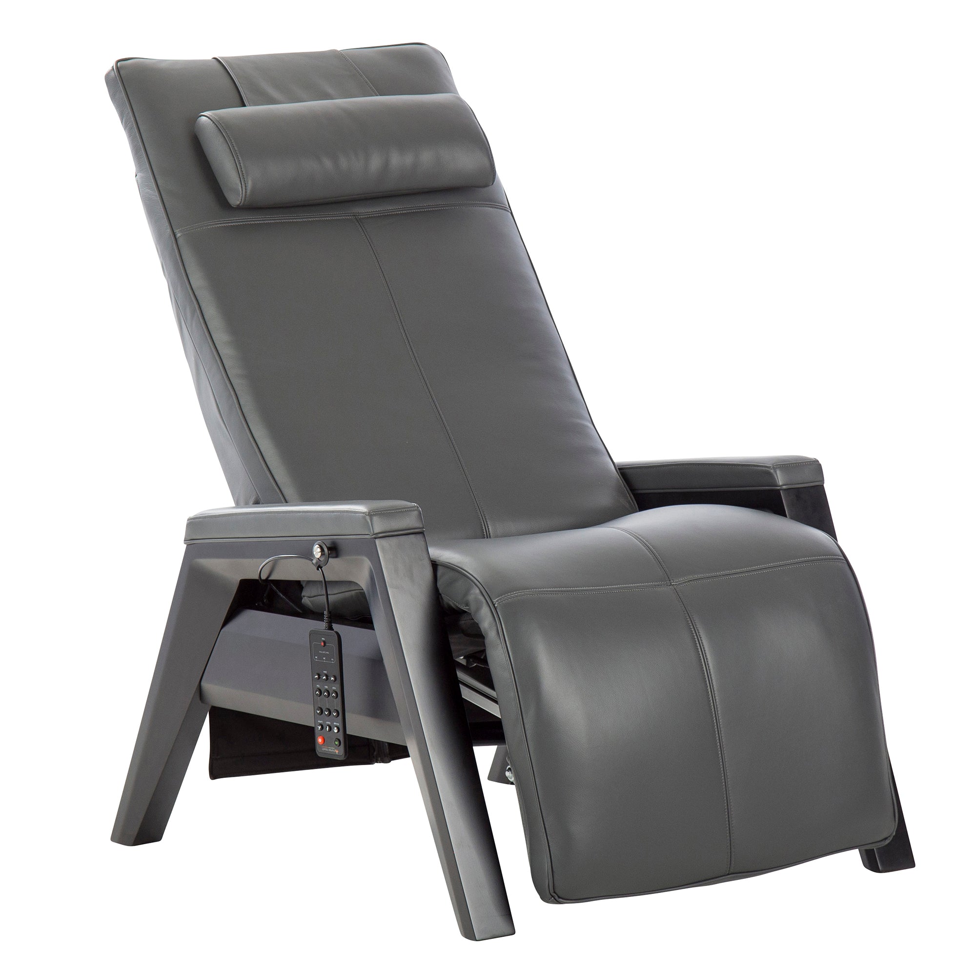 Gravis ZG Chair in gray leather with zero-gravity positioning, remote control, and adjustable headrest for therapeutic comfort