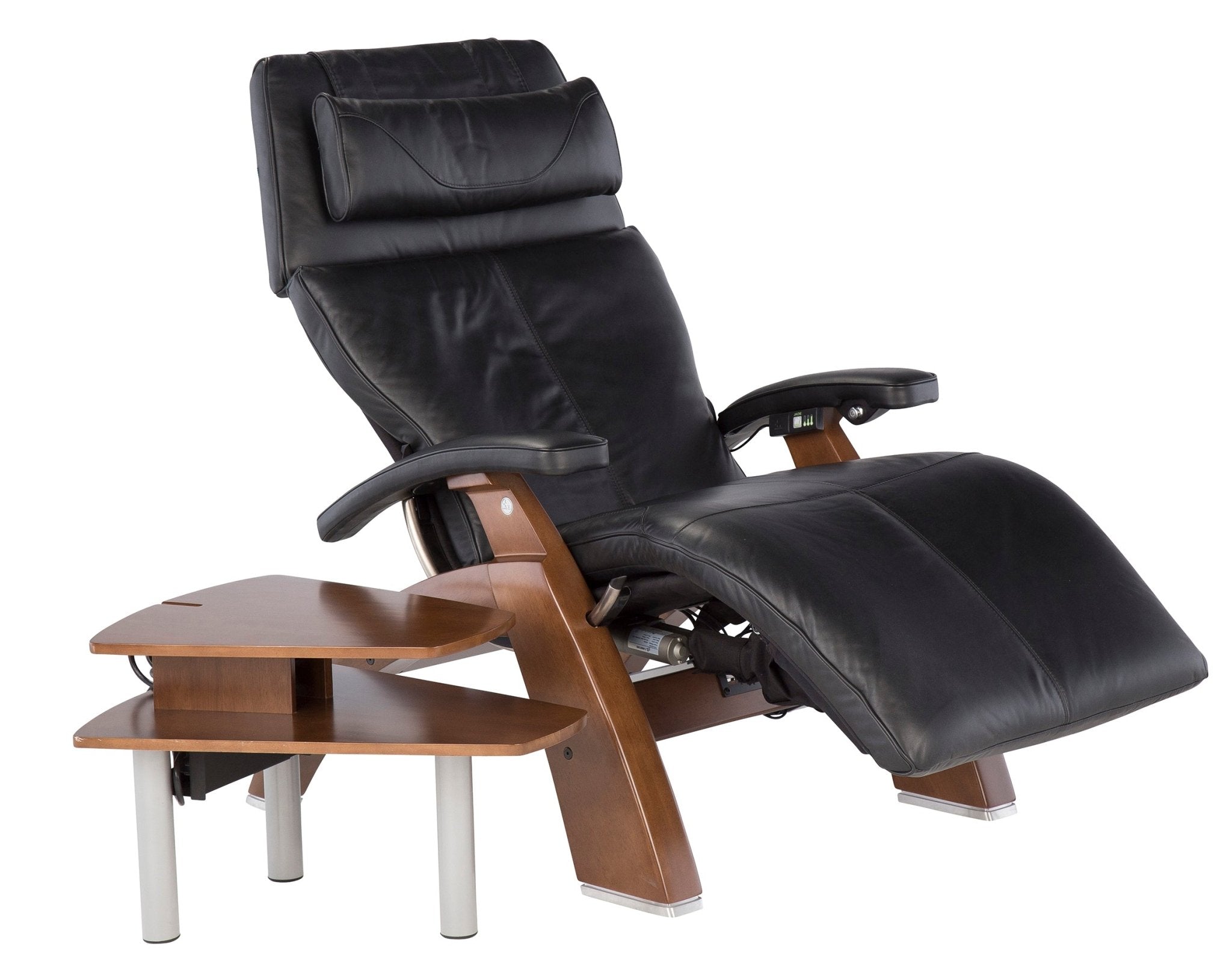 PC Media Table with two-tier wood surface next to black leather reclining chair, perfect for storing devices and magazines