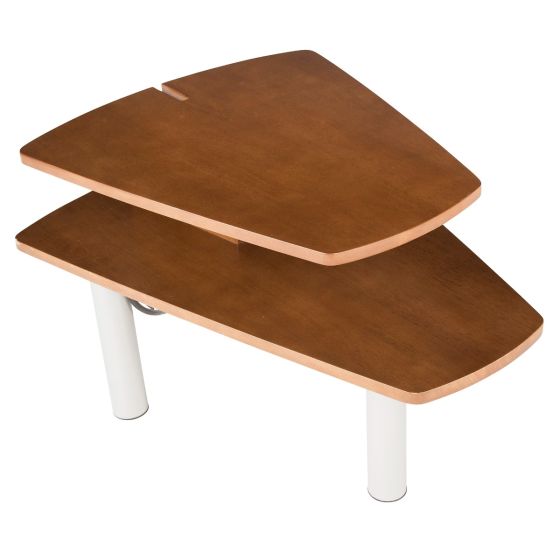 PC Media Table with two-tiered brown wooden surfaces and white metal legs for device storage and charging