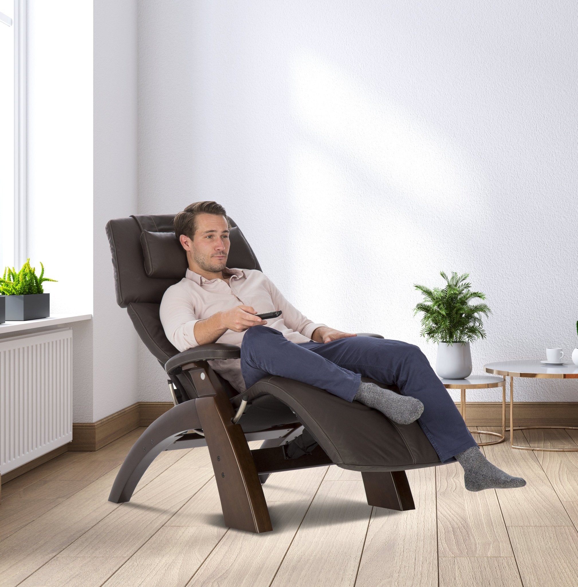 Perfect Chair PC-350 Classic Power recliner shown in dark brown upholstery with walnut base in modern living room setting