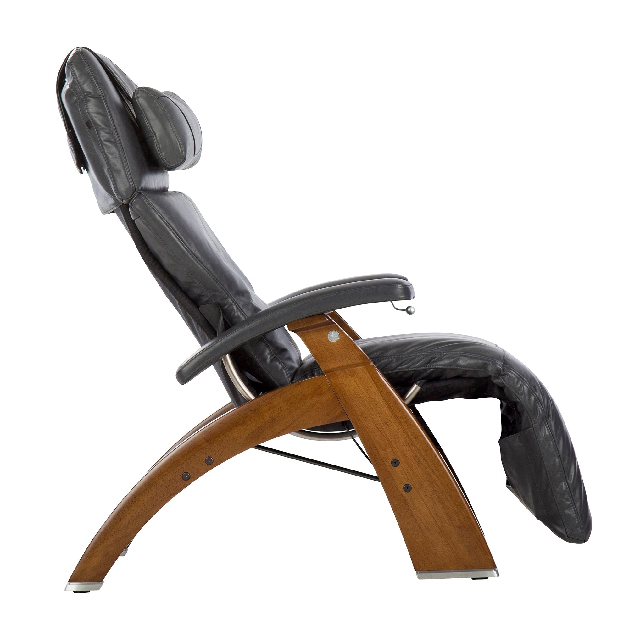 Perfect Chair PC-420 Classic Manual Plus recliner with black leather upholstery and wooden base in zero gravity position