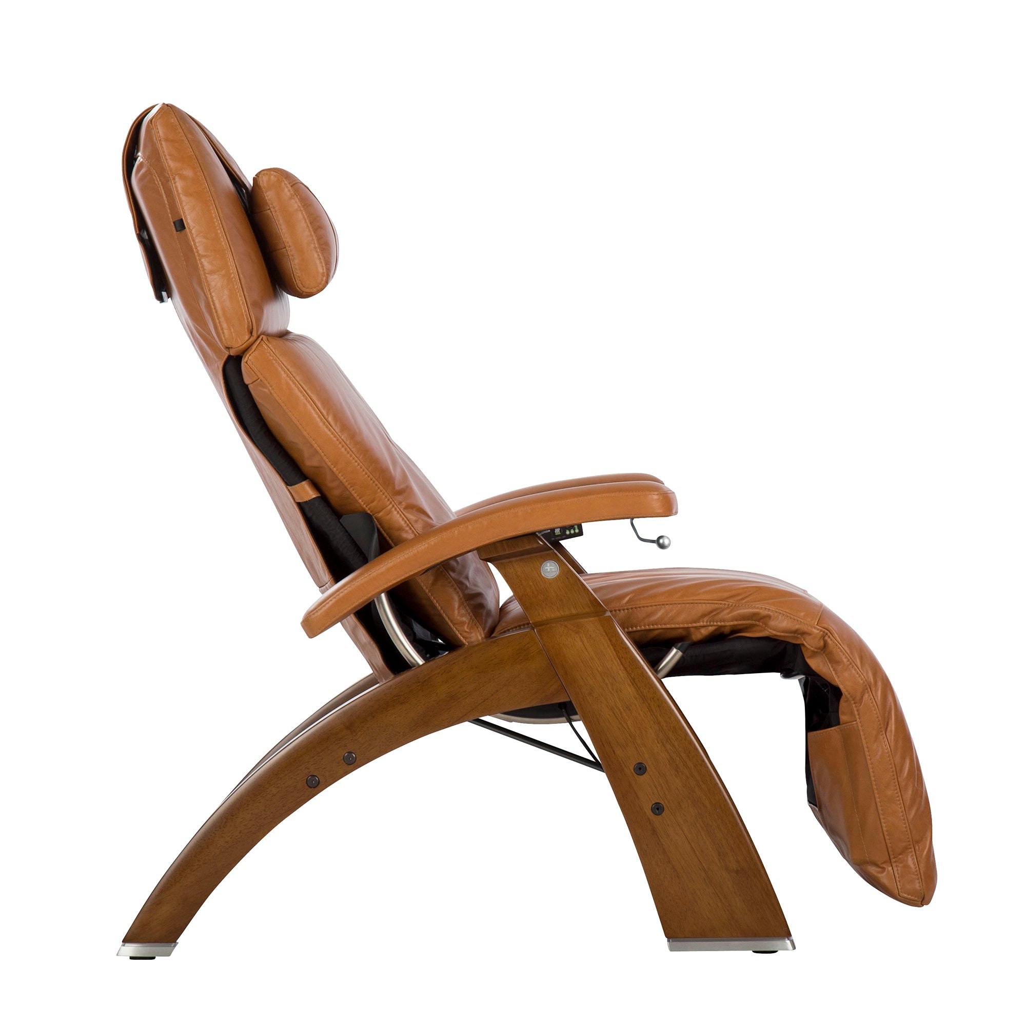 Perfect Chair PC-420 Classic Manual Plus zero-gravity recliner shown in cognac leather with wood base, side view