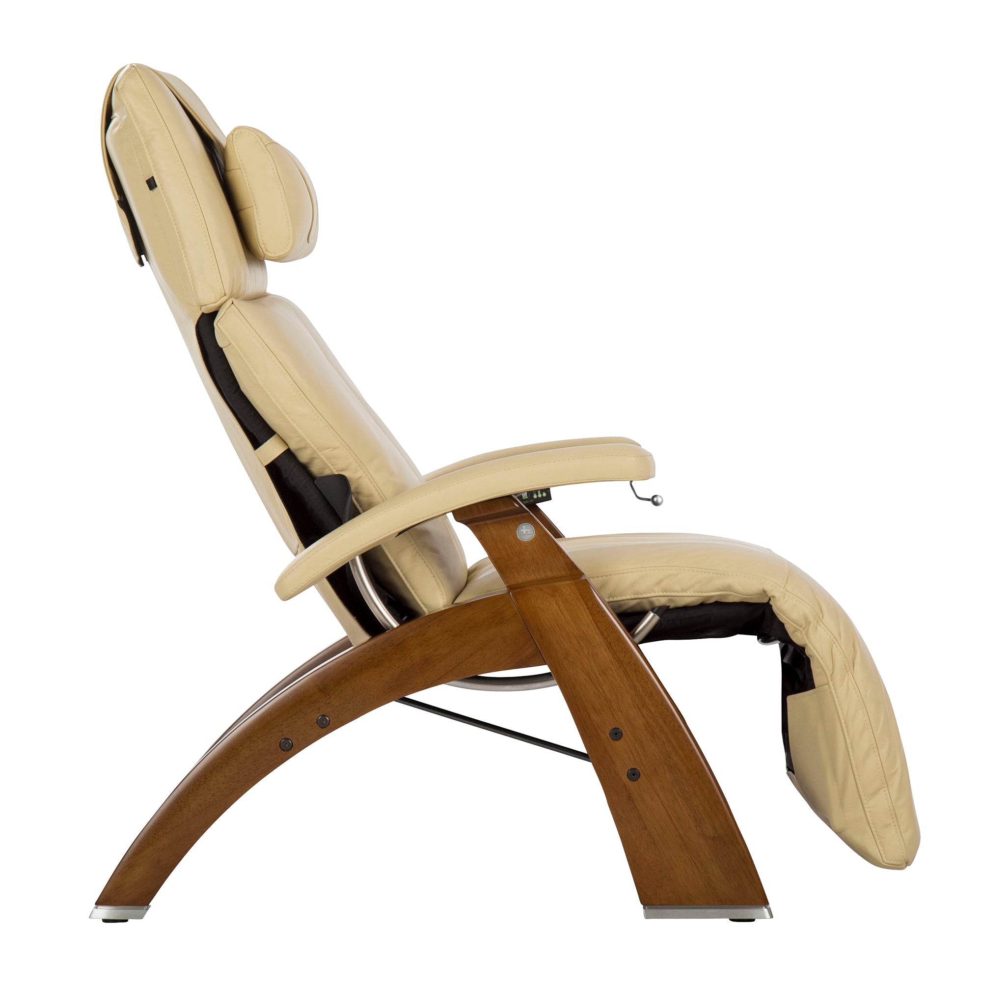 Perfect Chair PC-420 Classic Manual Plus recliner in cream leather with wooden base, shown in side view reclined position
