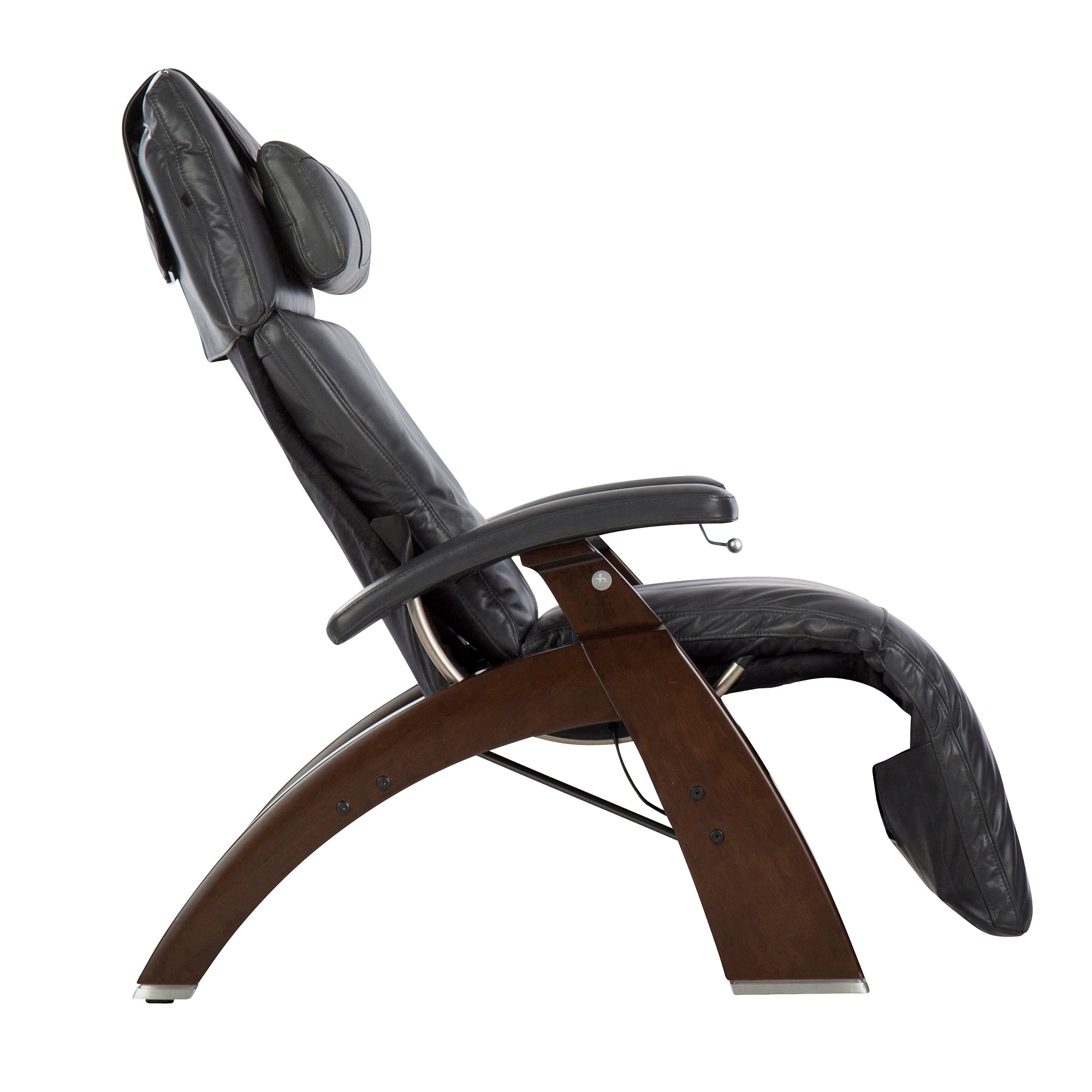 Perfect Chair PC-420 Classic Manual Plus zero gravity recliner with black leather and walnut wood base in side view