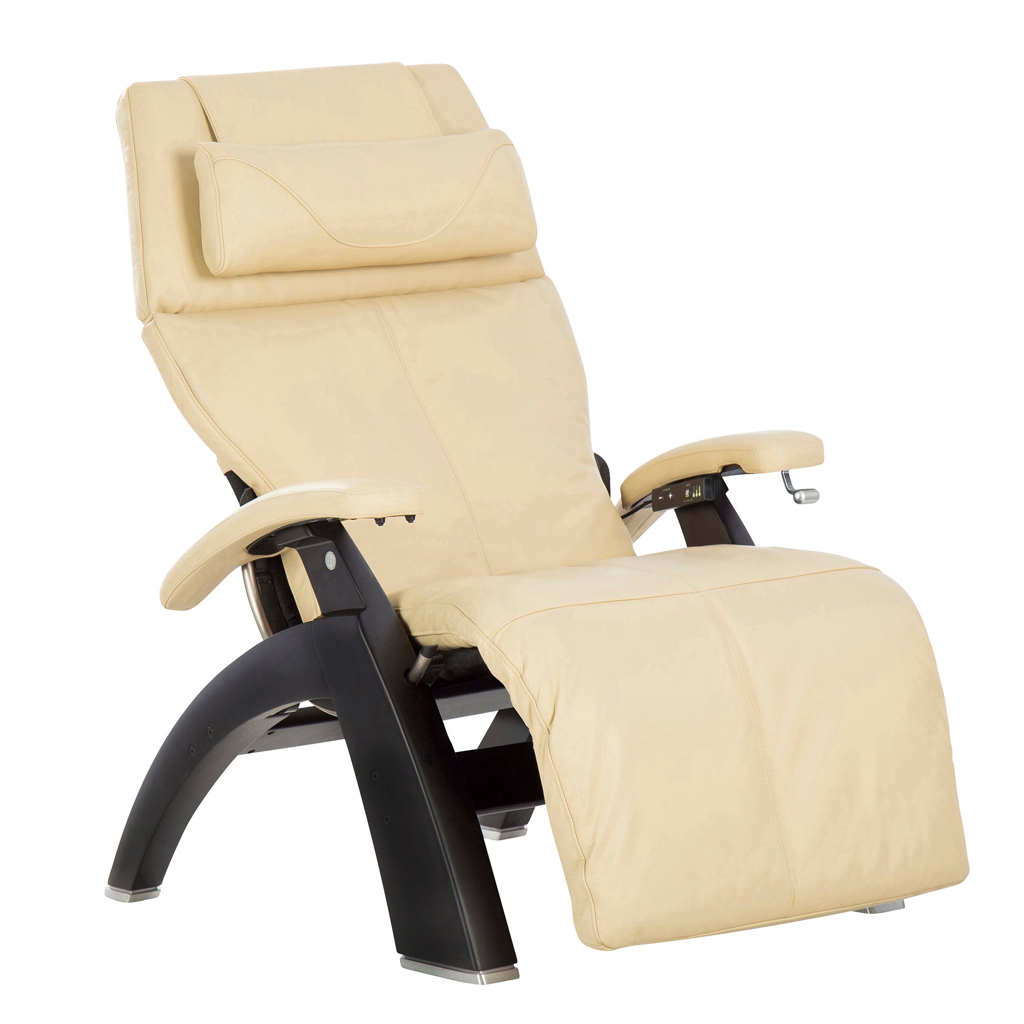 Perfect Chair PC-420 Classic Manual Plus recliner in cream leather with black base, shown in zero-gravity position