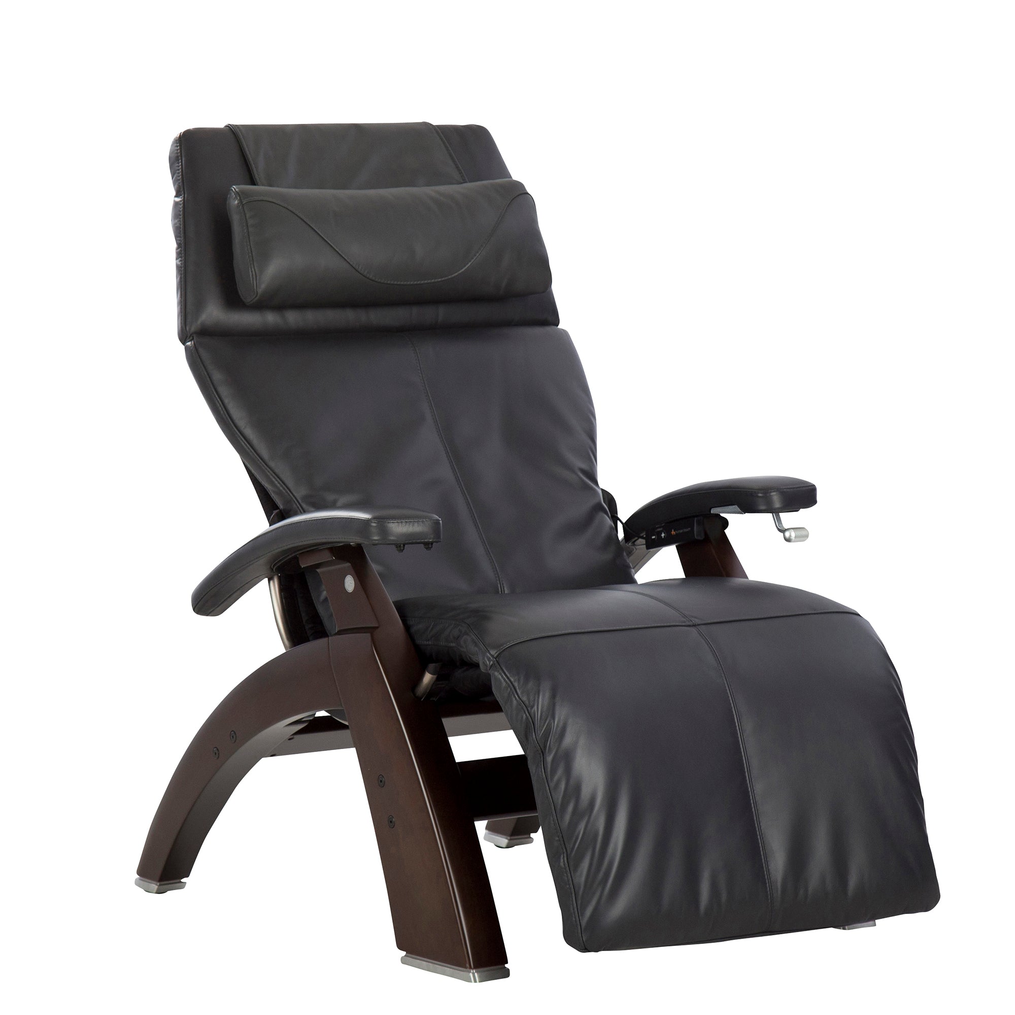 PC-420 Classic Manual Plus zero-gravity recliner chair in black leather with dark wood base and ergonomic design