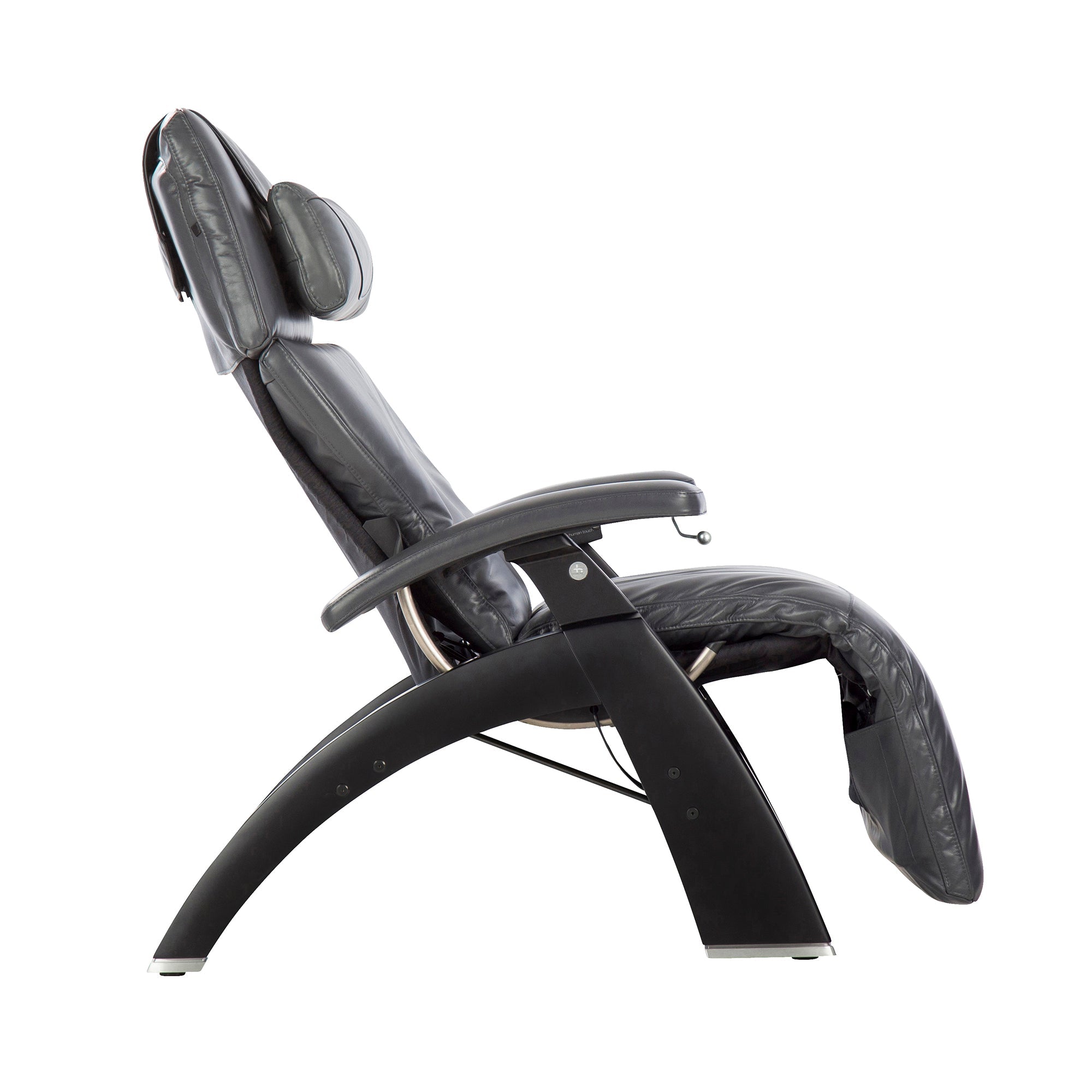 Perfect Chair PC-420 Classic Manual Plus zero-gravity recliner in black leather with curved wood base, side view
