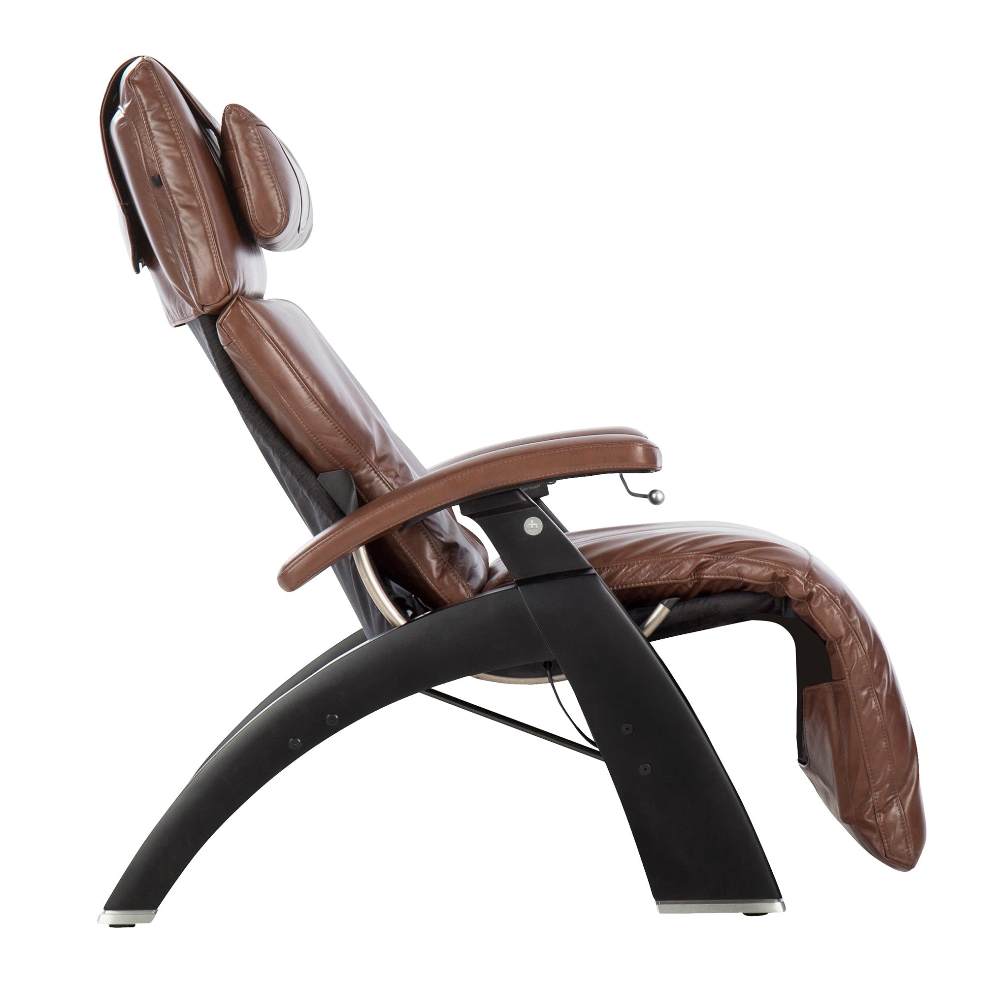 Perfect Chair PC-420 Classic Manual Plus recliner in brown leather with curved black base, shown in side profile view