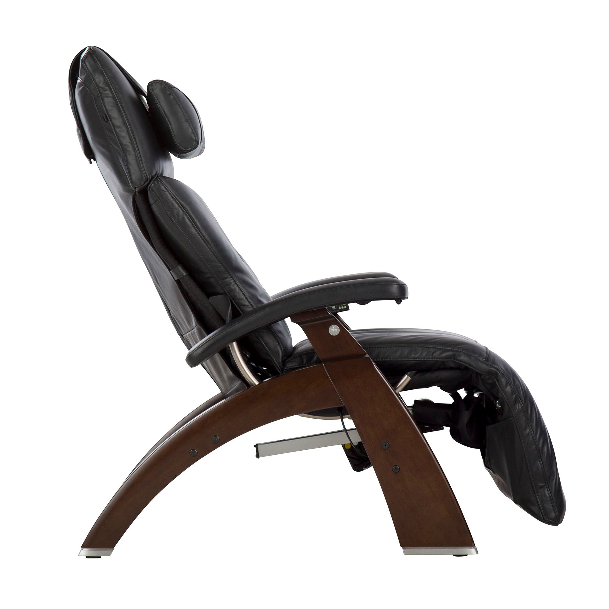 Perfect Chair PC-610 Omni-Motion Classic zero-gravity recliner with black leather upholstery and walnut wood base shown in side view