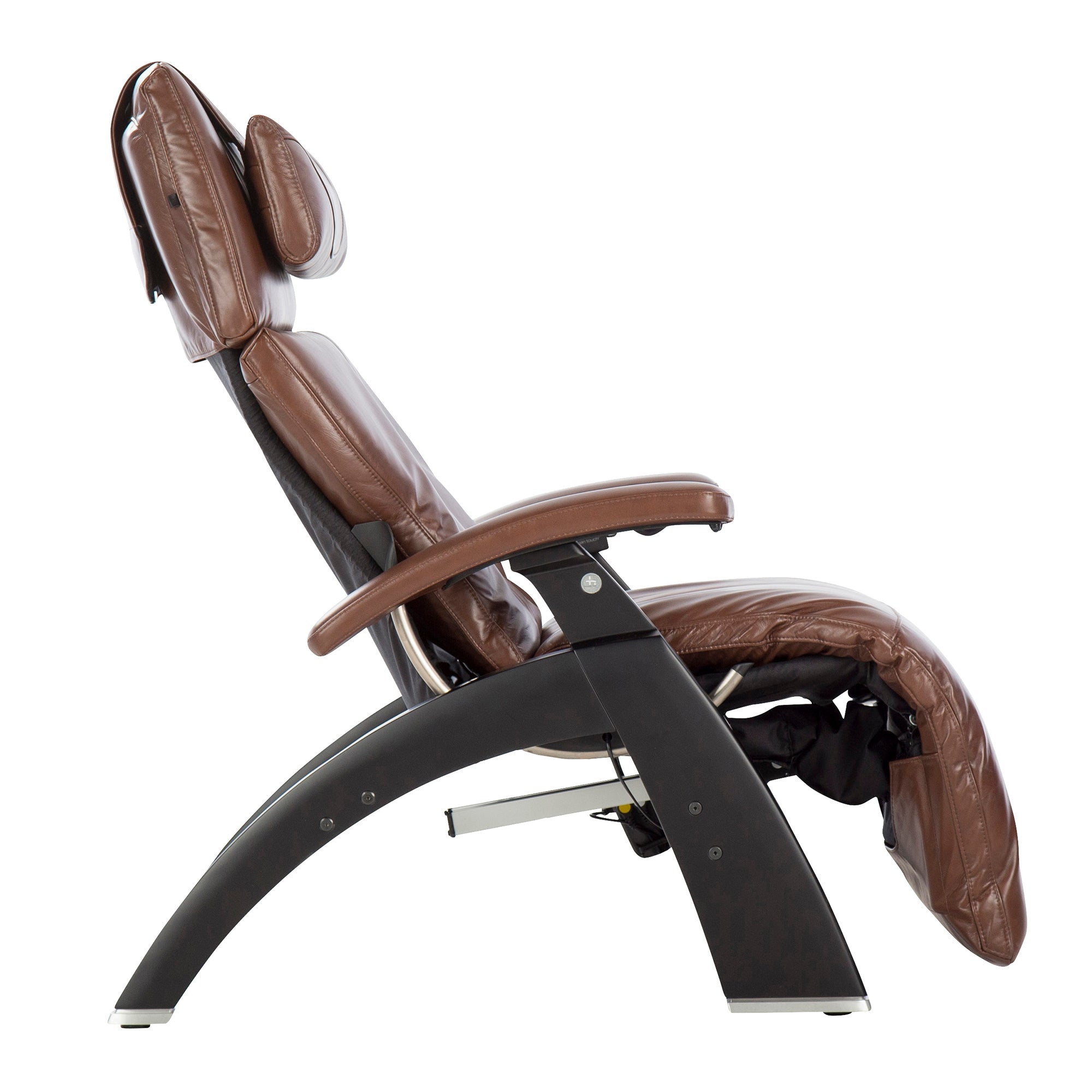 Perfect Chair PC-610 Omni-Motion Classic recliner in brown leather with zero-gravity positioning and curved base