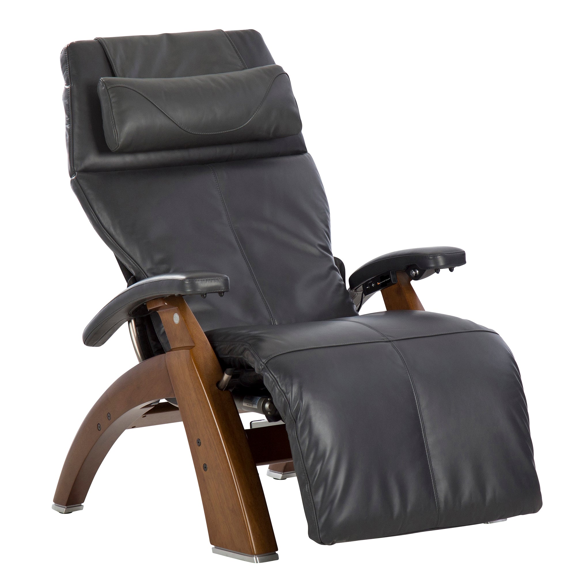 Perfect Chair PC-610 Omni-Motion Classic zero-gravity recliner with black leather upholstery and wooden base