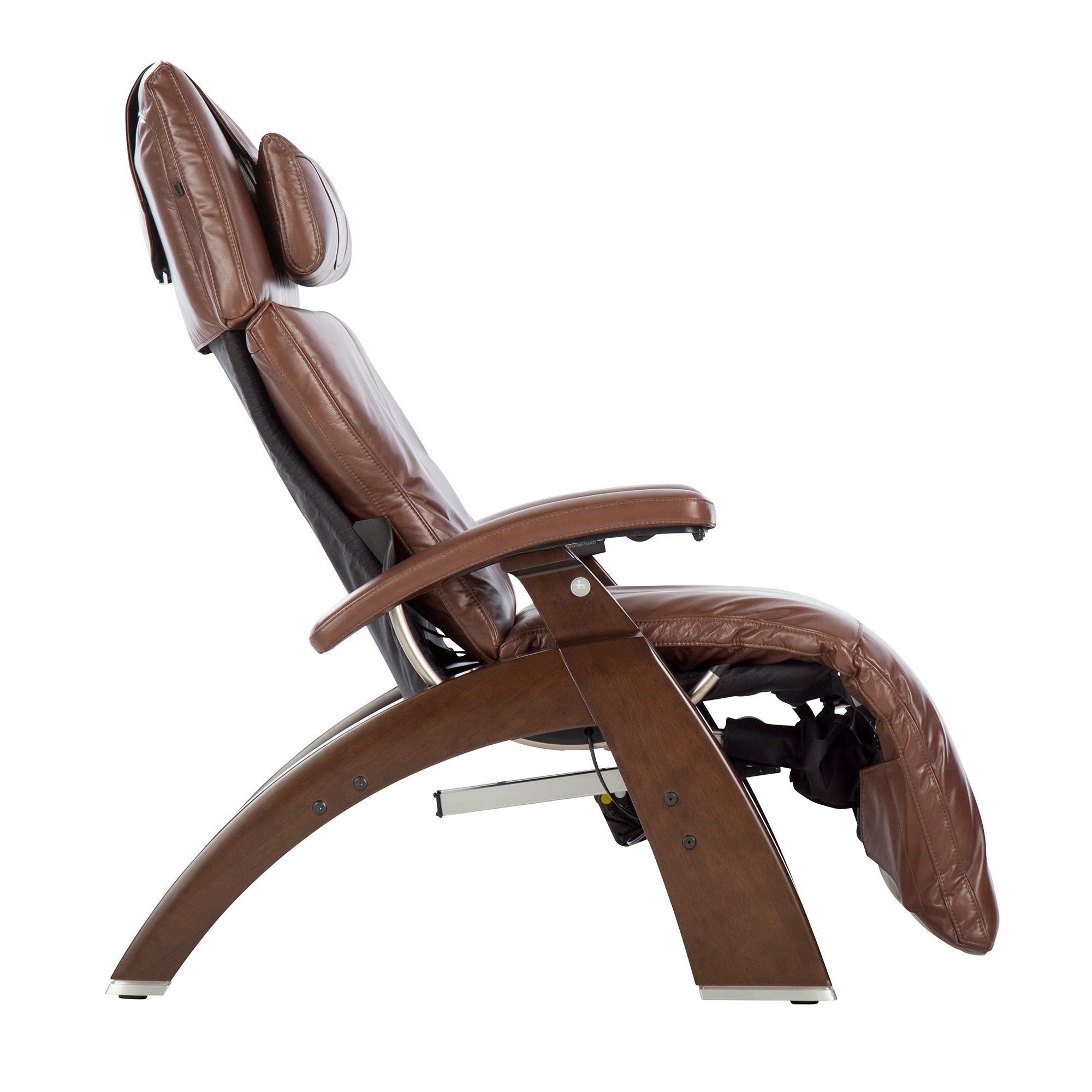 Perfect Chair PC-610 Omni-Motion Classic zero-gravity recliner in brown leather with wooden base, shown in reclined position