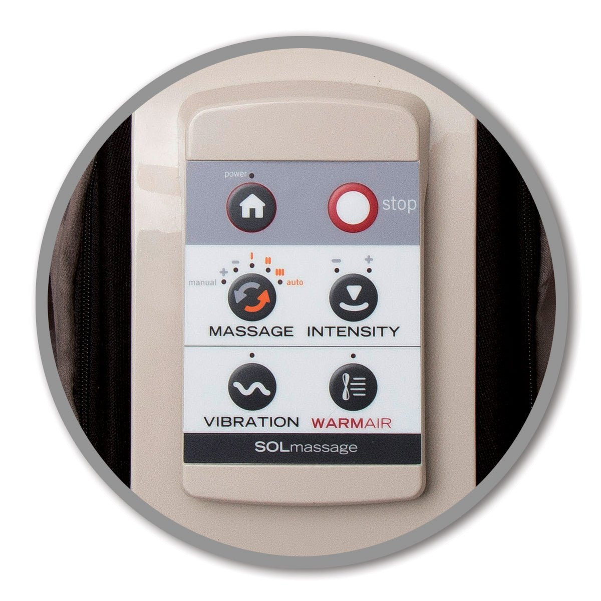 Reflex SOL Foot and Calf Massager control panel showing massage intensity, vibration, and warm air settings