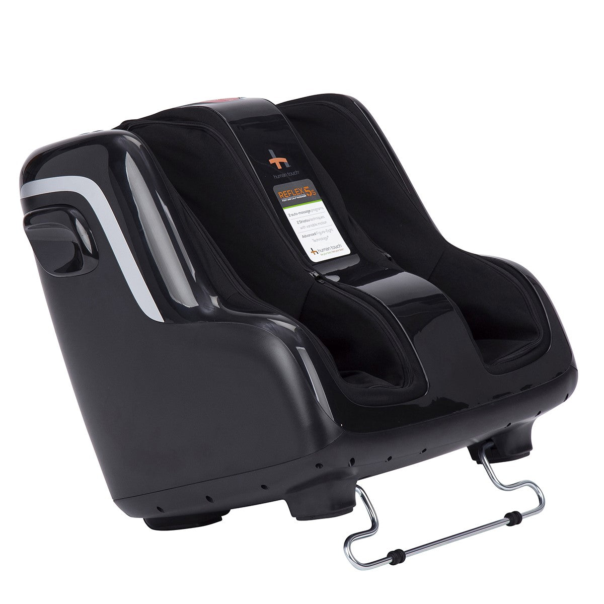 Reflex5s Foot and Calf Massager with black ergonomic design featuring dual massage chambers and silver accents