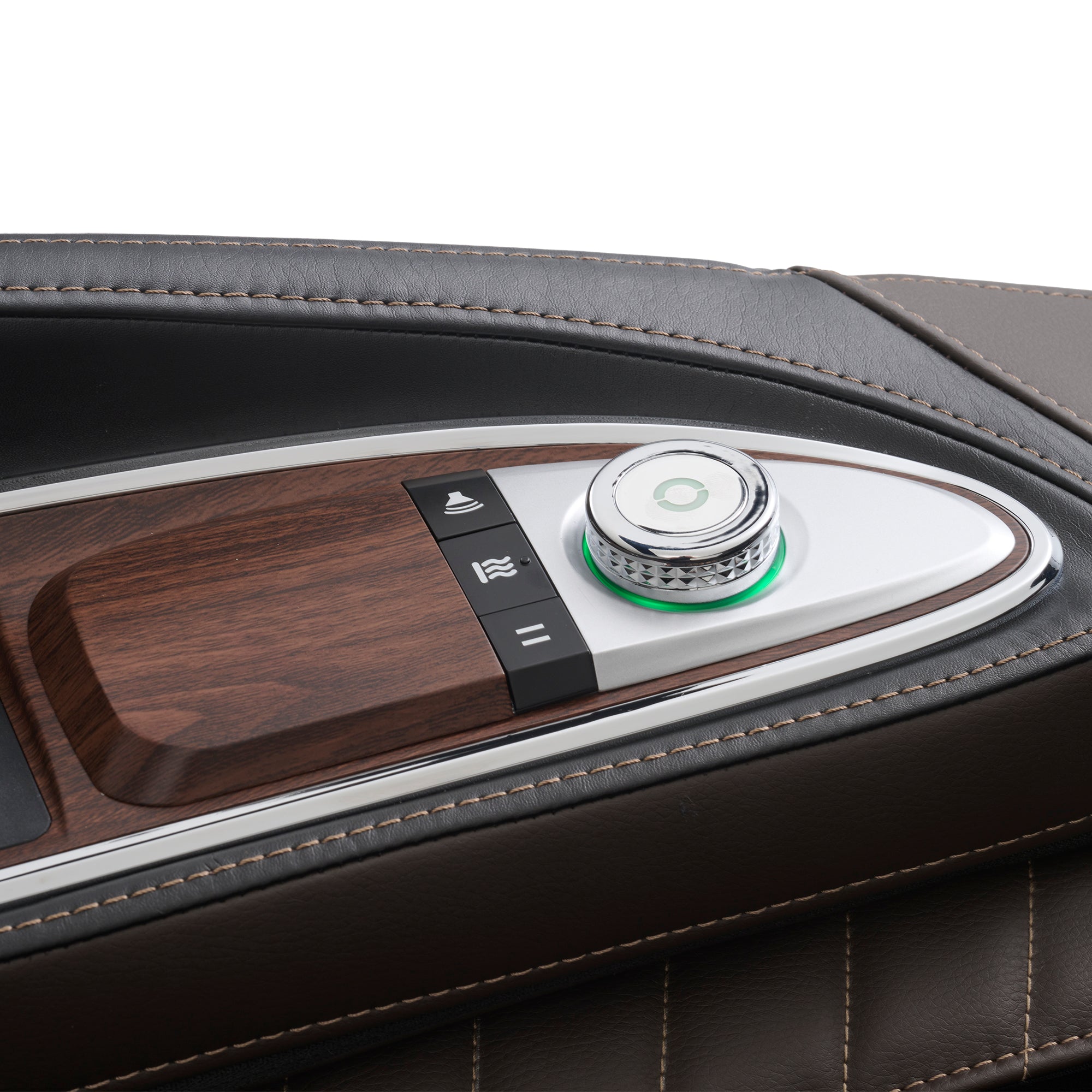 Super Novo 2.0 massage chair control panel with wooden trim and leather armrest detail, featuring illuminated interface dial