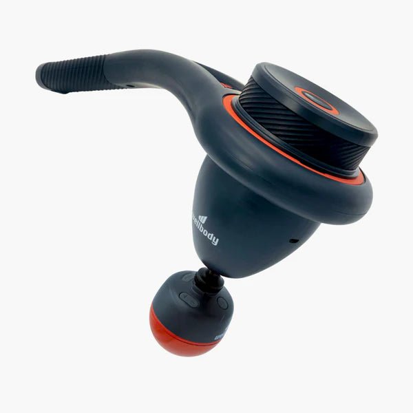 Black and red handheld massage device on a white background