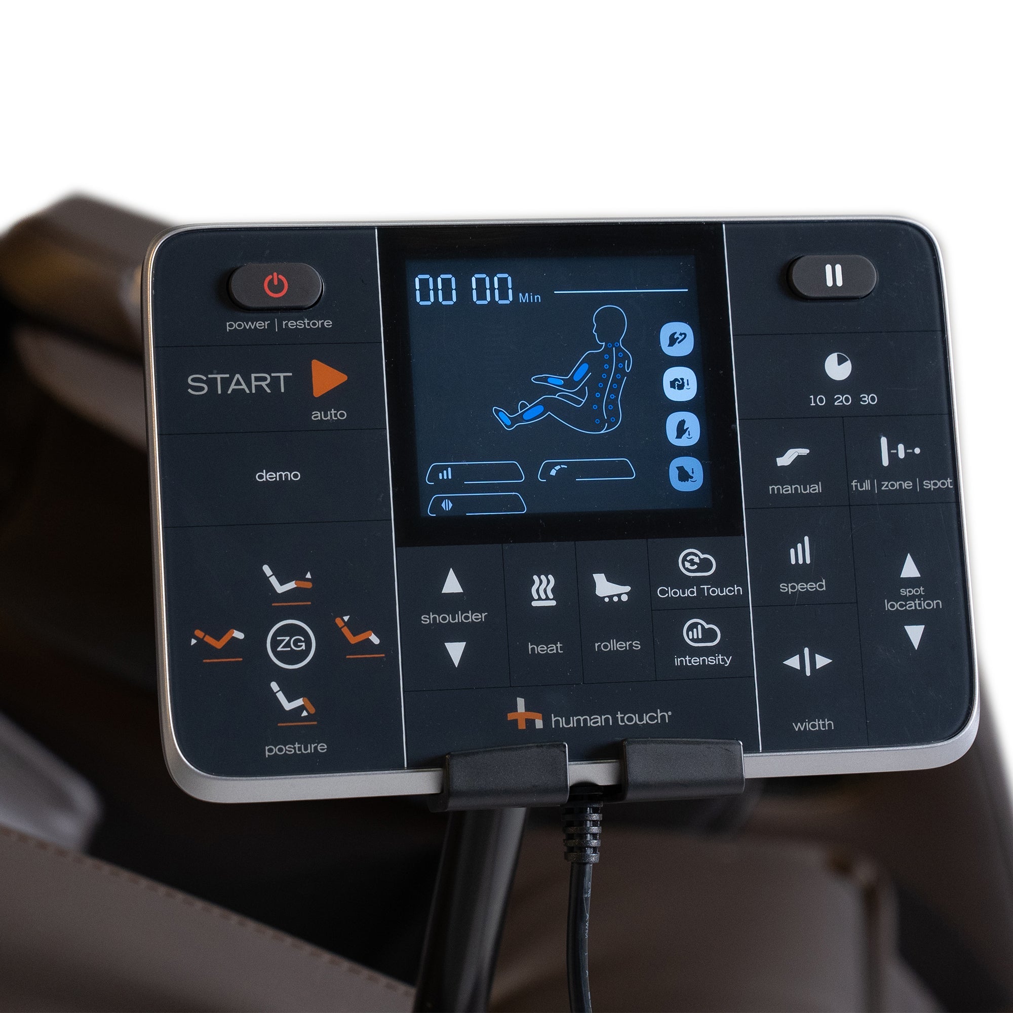 WholeBody ROVE massage chair control panel with digital display and massage program settings