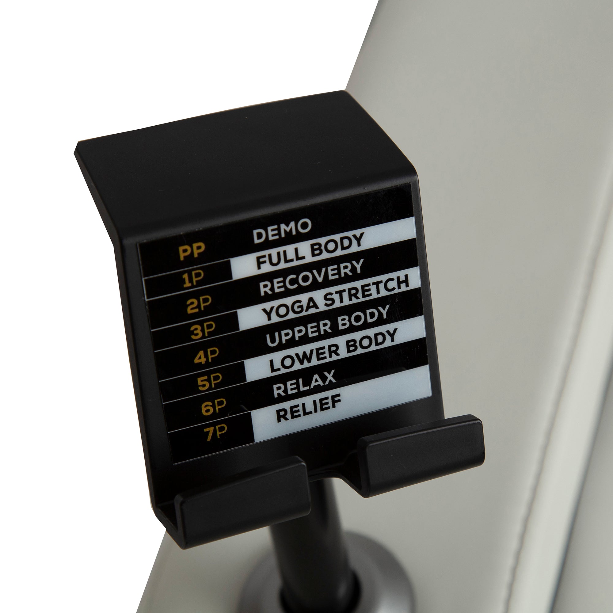 WholeBody ROVE massage chair control panel displaying massage program options from full body to relief modes