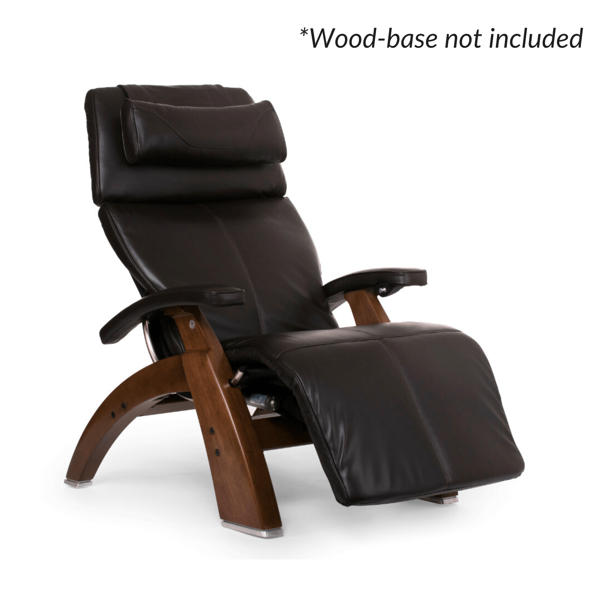 Black leather recliner chair with wooden base on a white background