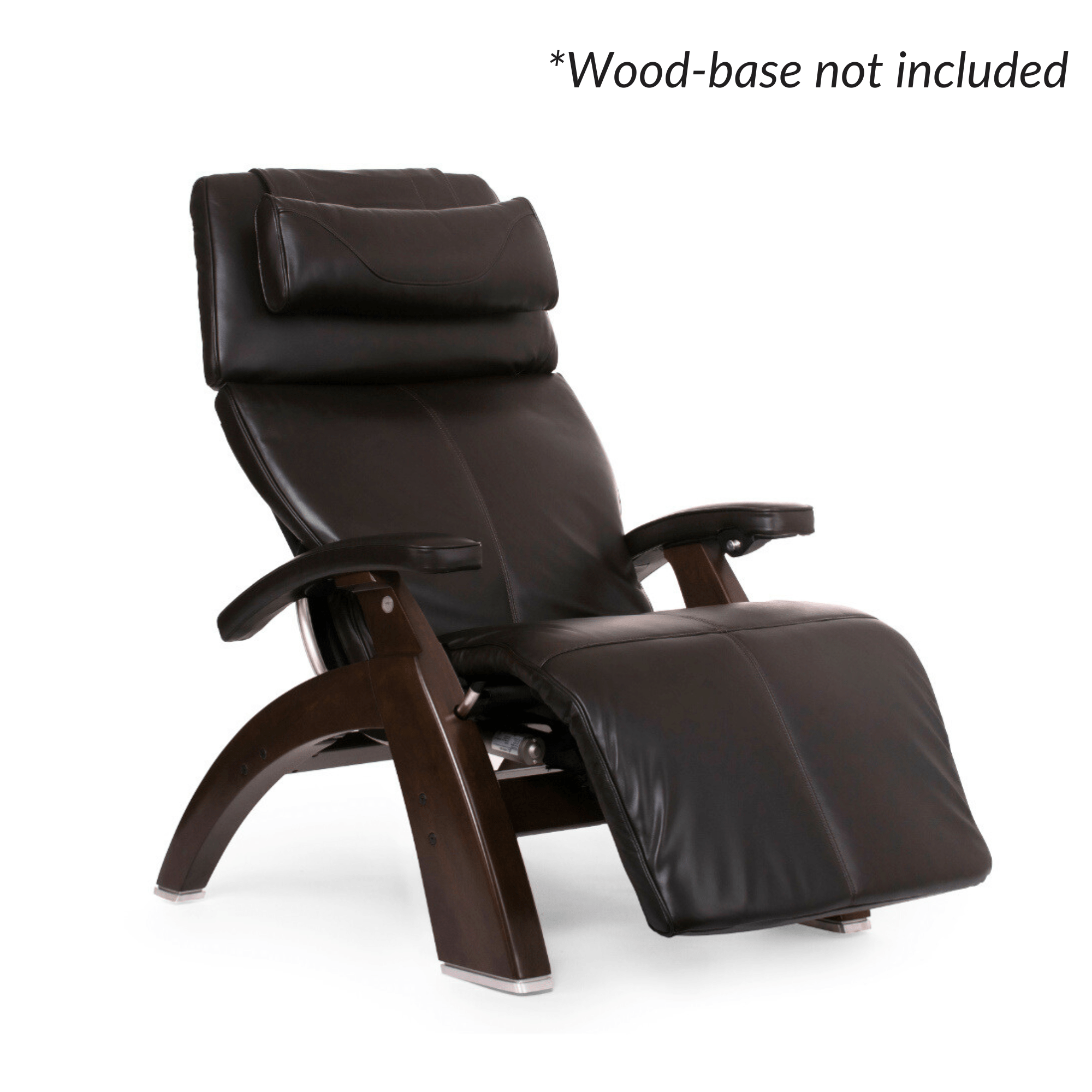Brown leather recliner chair on a white background with text indicating wood base is not included.