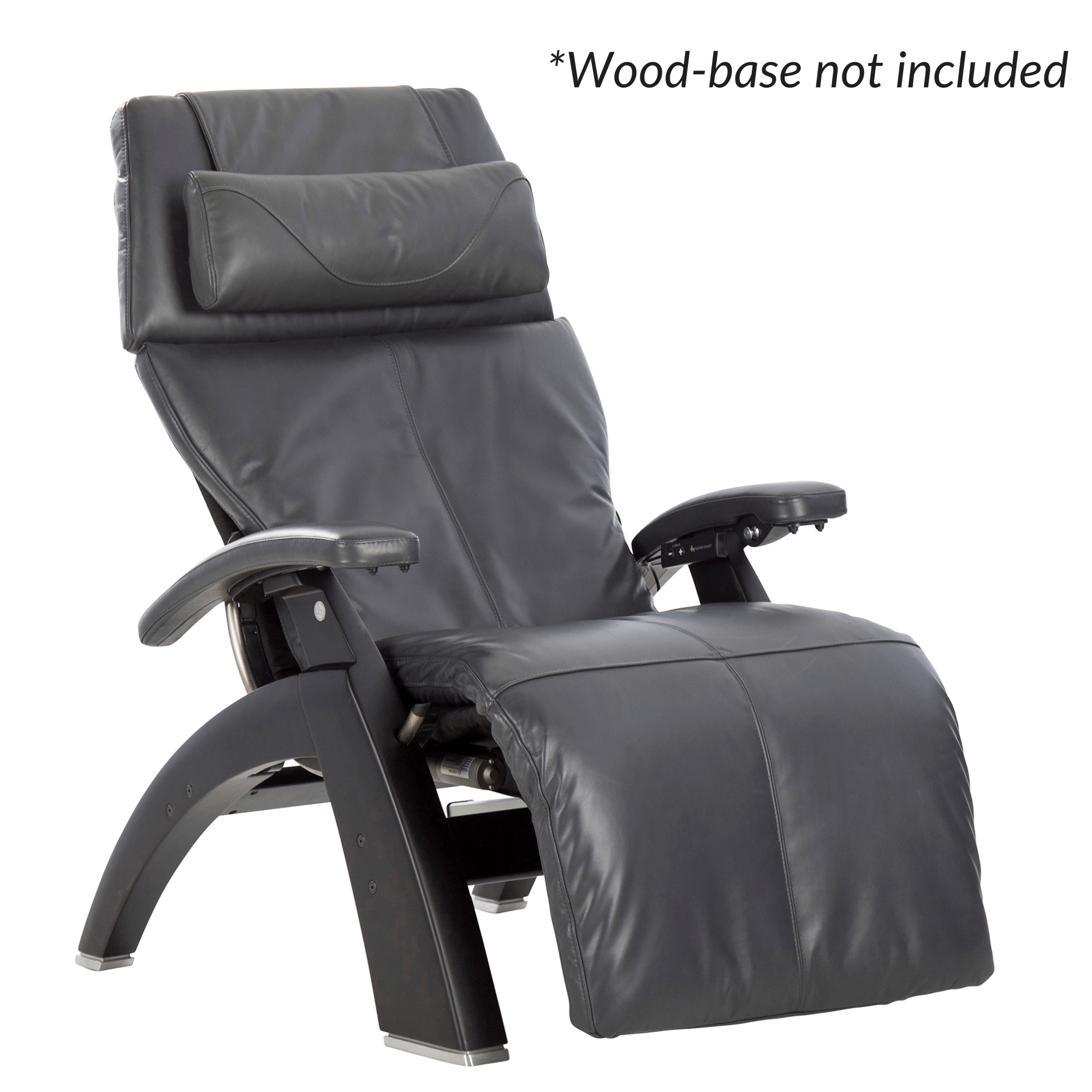 Gray recliner chair on a white background with text indicating wood-base is not included.