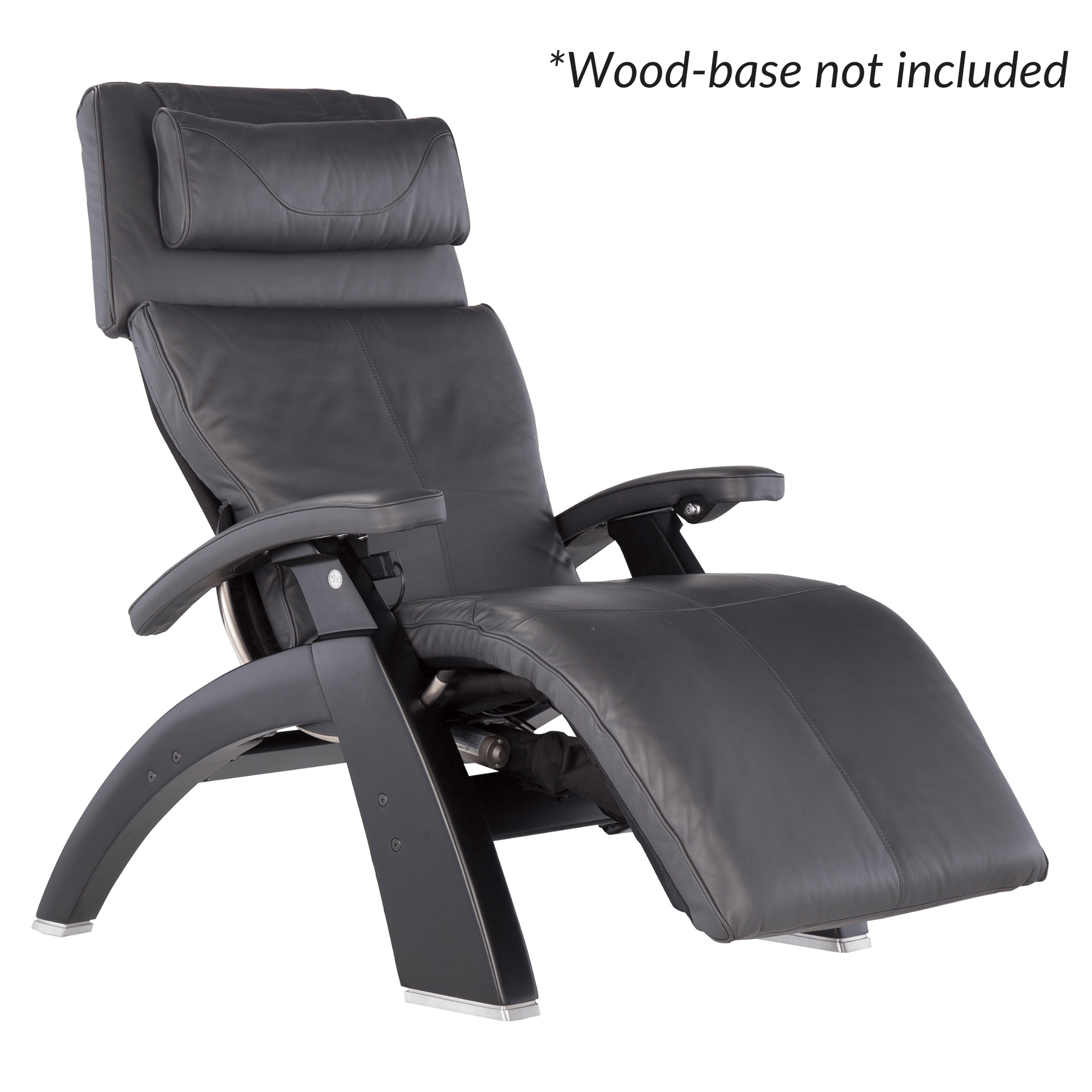 Black leather recliner chair on a white background with text indicating wood-base is not included.