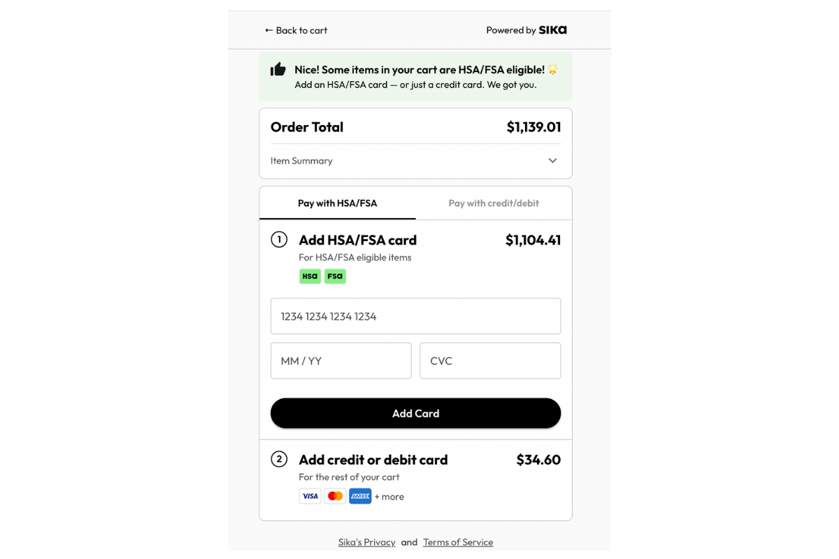 Online payment page with HSA/FSA and credit card options on a white background