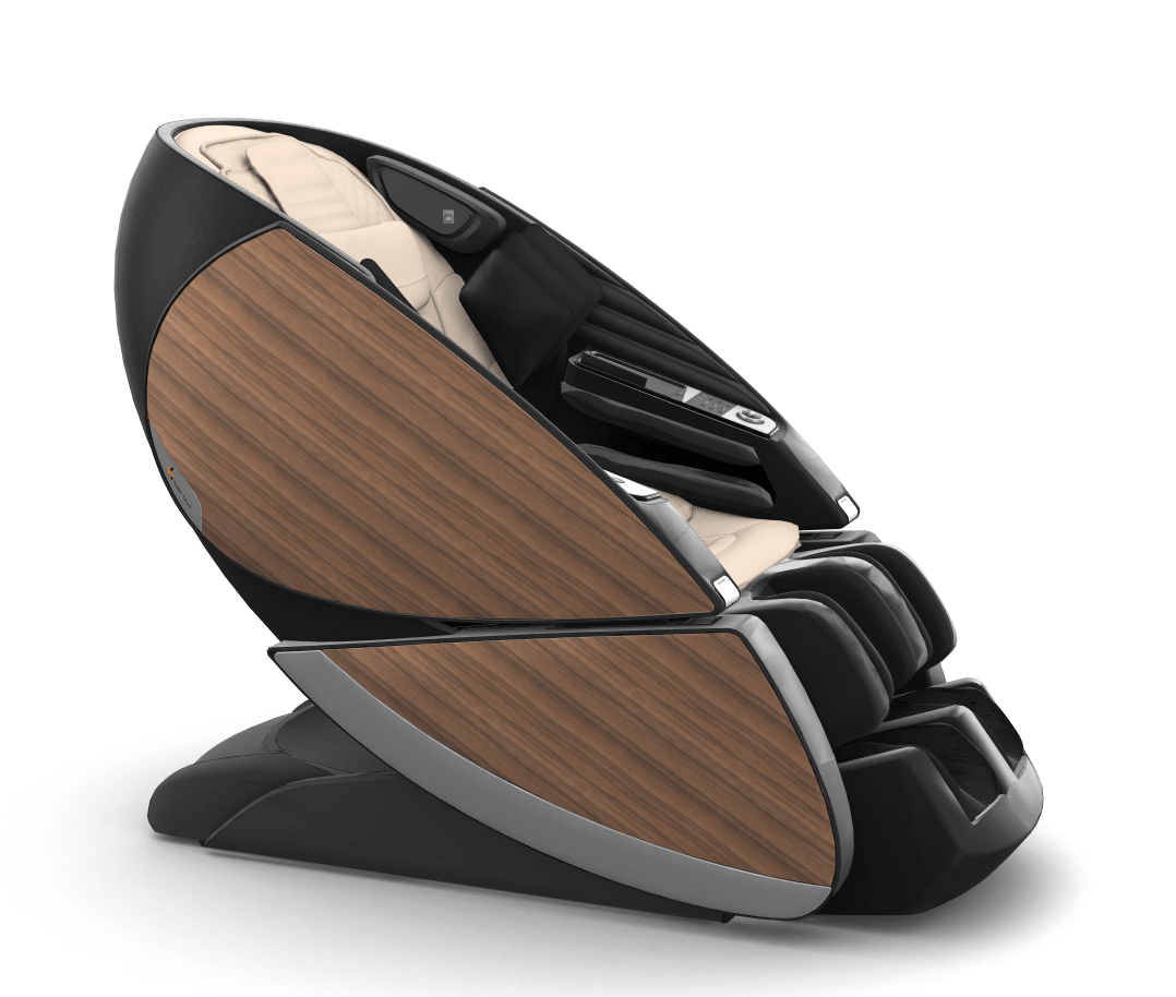 Super Novo X Massage Chair with modern wood panels and sleek black design in reclining position