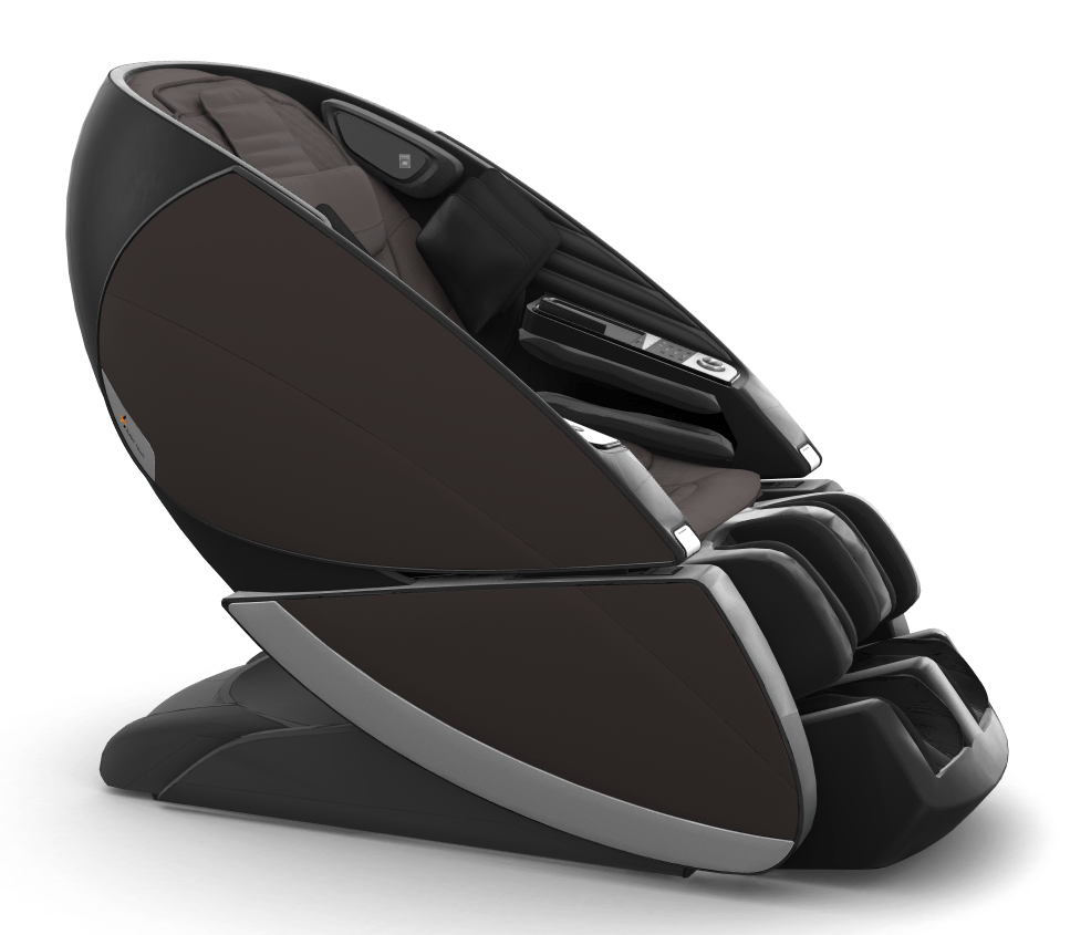 Super Novo X Massage Chair in sleek black and gray design with teardrop-shaped ergonomic body and upward-pivoting doors