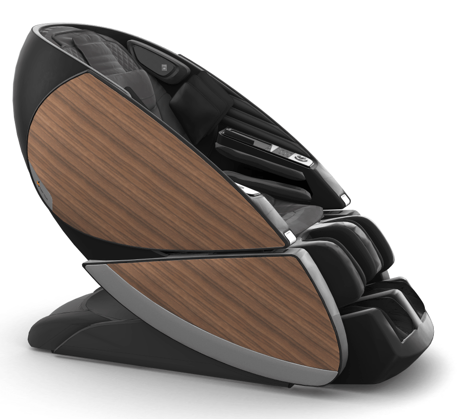 Super Novo X Massage Chair with modern teardrop design featuring black leather and wood accent panels