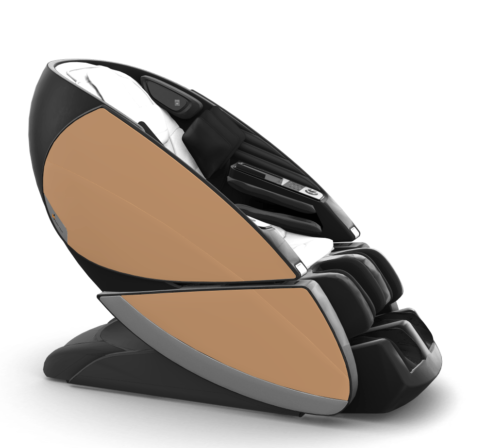 Super Novo X Massage Chair in black and tan with teardrop design, featuring upward-pivoting doors and luxury cushioning