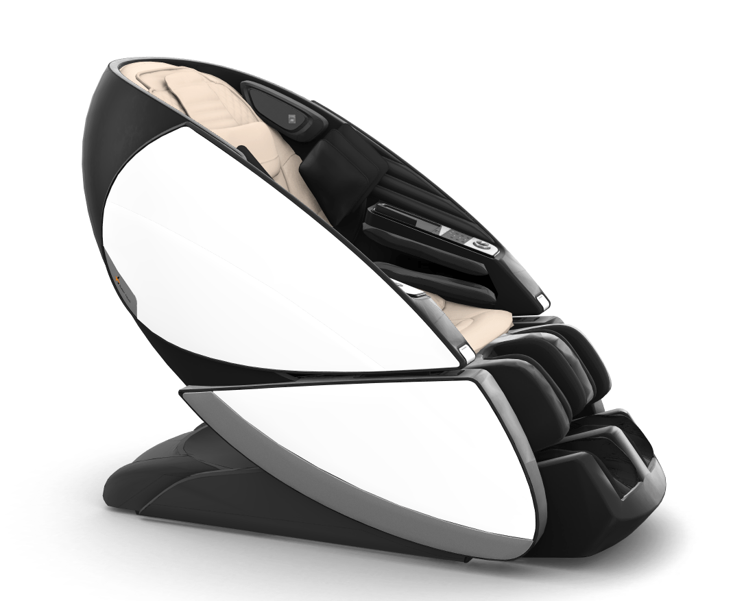 Super Novo X Massage Chair with sleek black and white design, teardrop-shaped doors and premium cushioned seating