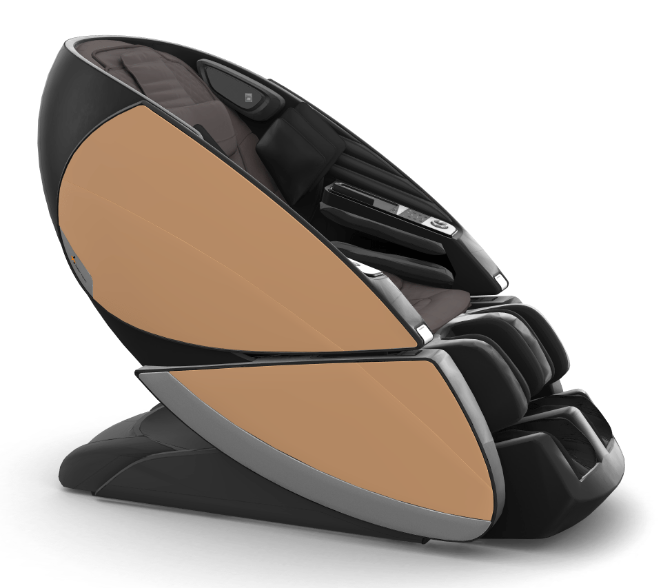 Super Novo X Massage Chair in black and tan with teardrop design and modern ergonomic shape for full-body relaxation