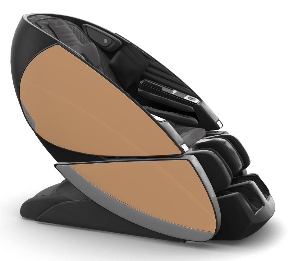 Super Novo X Massage Chair in black and tan with teardrop design and upward-pivoting doors for luxurious relaxation