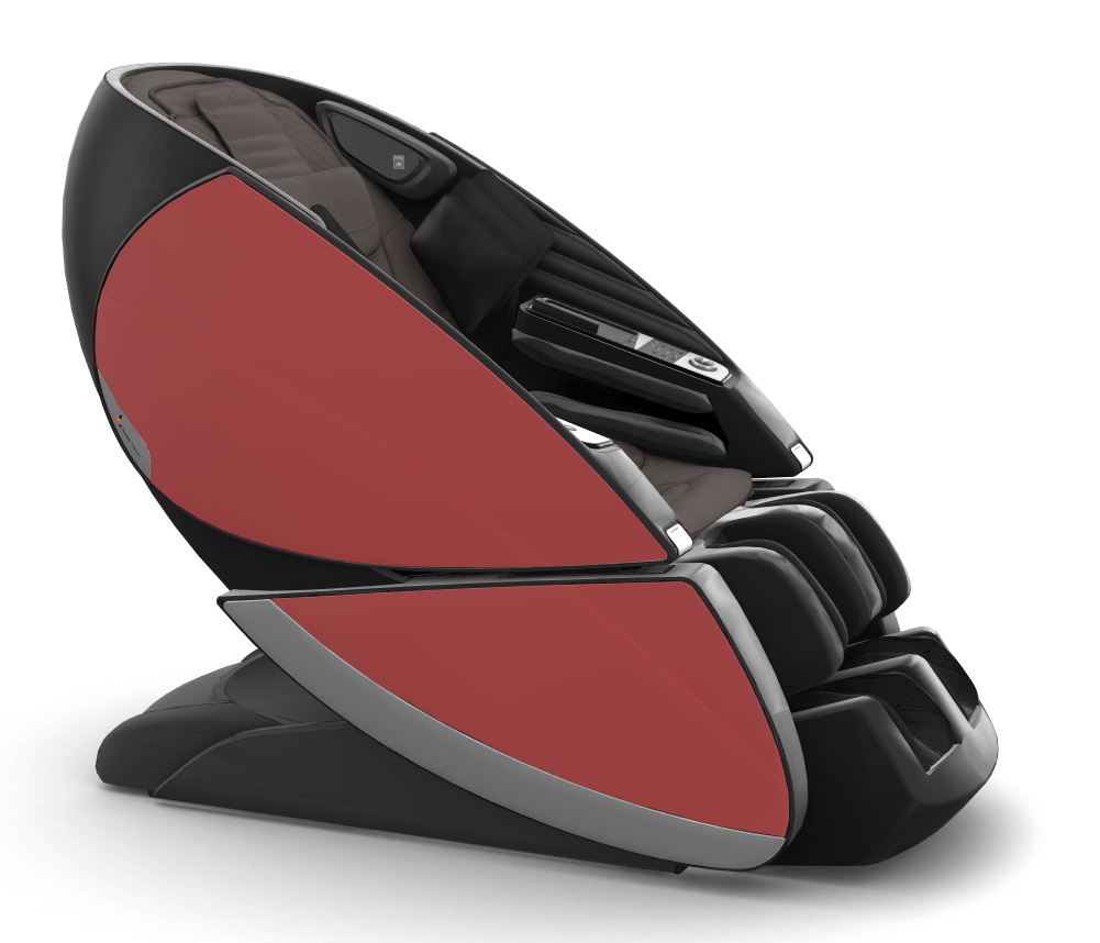 Super Novo X Massage Chair in black and red with sleek teardrop design and upward-pivoting doors for luxurious comfort