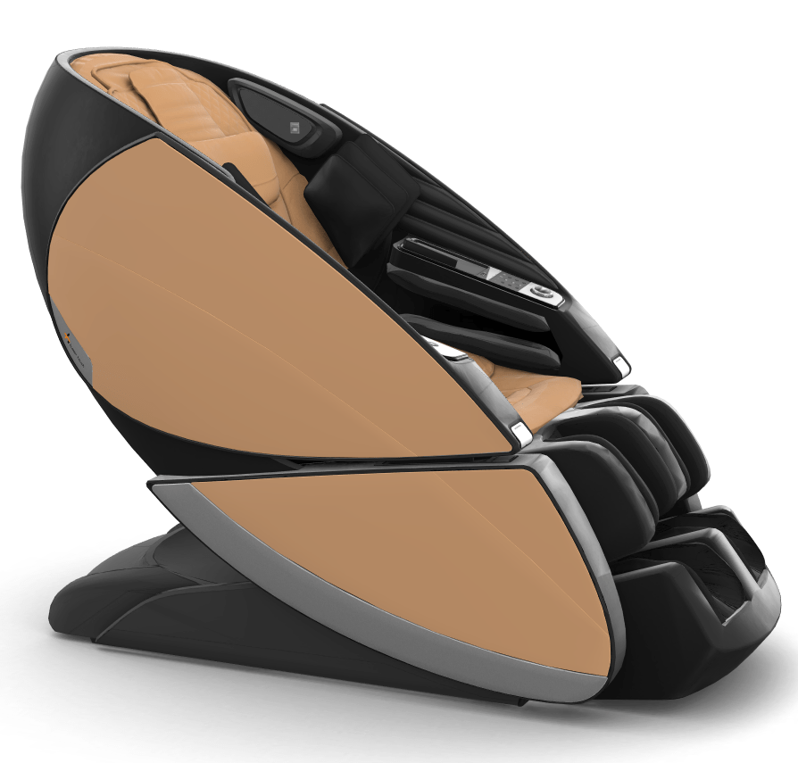 Super Novo X Massage Chair in black and tan with sleek teardrop design and upward-pivoting doors