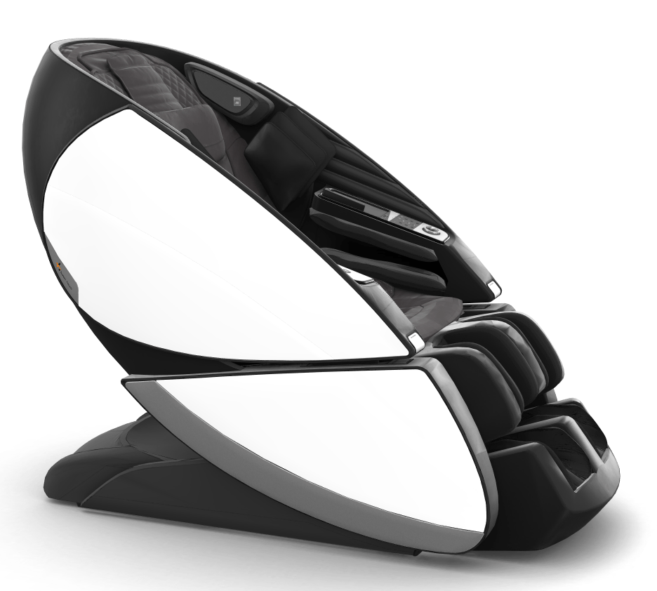 Super Novo X Massage Chair with sleek black and white design featuring curved teardrop shape and premium upholstery