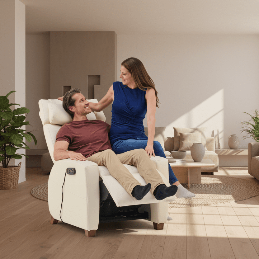 Man and woman sitting on a white recliner chair 