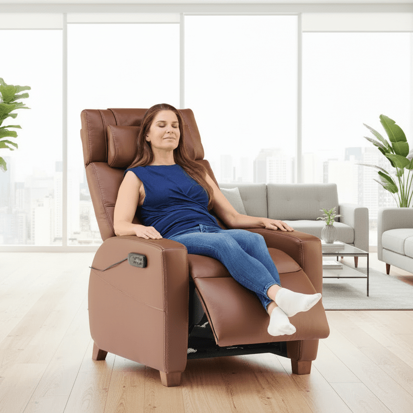 Woman relaxing in a brown massage chair on a white background