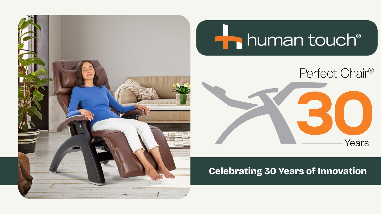 Woman using a massage chair with Human Touch logo and '30 Years of Innovation' text.